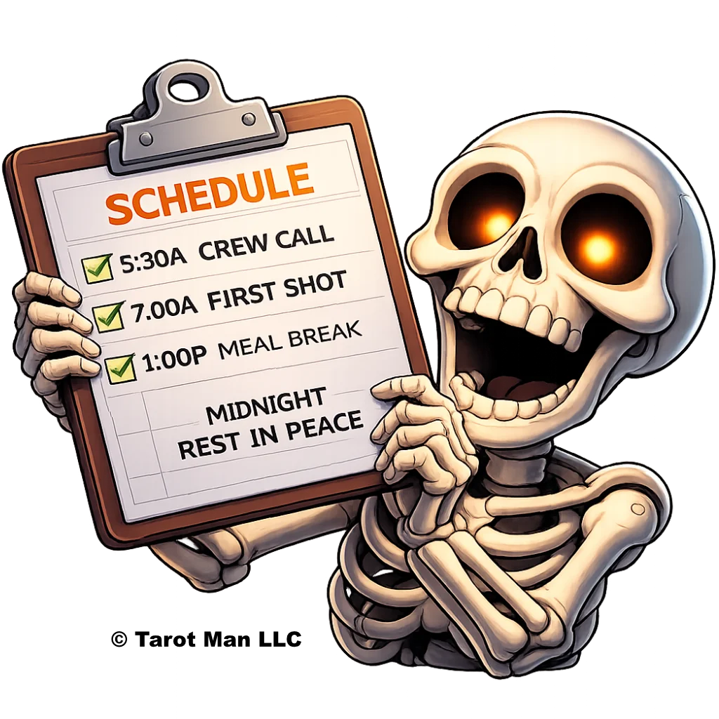 Mr. Deadline, the Boneyard mascot, holding a clipboard schedule — Boneyard: indie scheduling that won't break your back